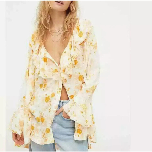Free People Tops - Free People Floral Tunic Top Size Small Ruffles Pockets Feminine Boho Romantic